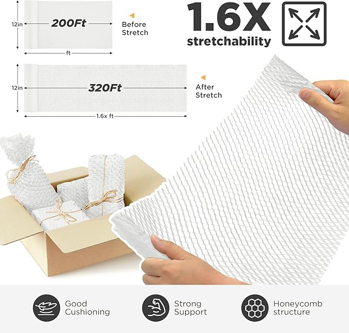 Honeycomb Packing Paper, 12"x200' White | Perforated Honeycomb Packing Paper Recyclable Moving Supplies for Shipping & Moving | Plastic-Free Alternative to Bubble Cushion Wrap with 36 Fragile Stickers
