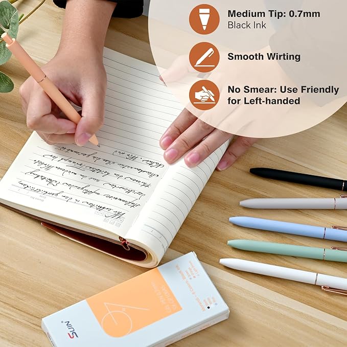 SUIN Gel Pens - Pack of 6, 0.7mm Black Ink, Retractable Rolling-Ball Gel-Pens, Medium Fine Point for Smooth Writing - Cute Office and School Supplies, Ideal Gifts for Women