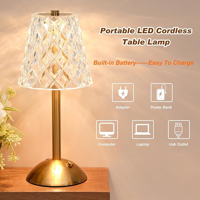 Liliful 2 Pcs LED Portable Cordless Table Lamp Touch Battery Operated Rechargeable Gold Desk Lamp 3 Color Dimmable for Bedroom Living Room Dining (Gold,Diamond Style)