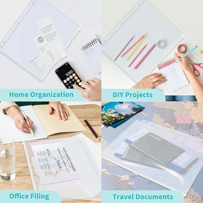 Binditek 10 Pack Plastic Zippered Binder Pockets, 3-Hole Punched for 3 Ring Binder, Clear PVC with White Zippers, Waterproof Loose Leaf Bag Pouch for Document Filing and Storage