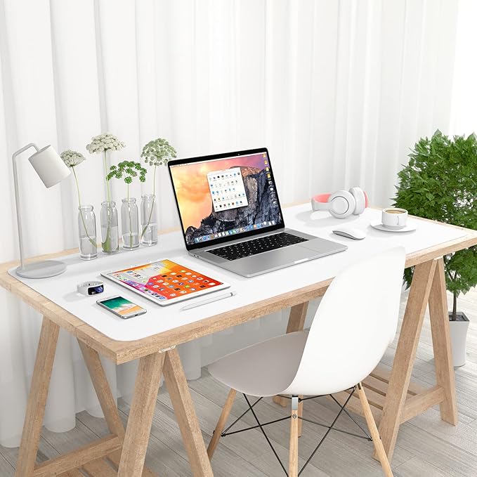 Hsurbtra Desk Pad, 35.5" x 17" PU Leather Desk Mat, XXL Extended Mouse Pad, Waterproof Desktop Blotter Protector, Non-Slip Ultra Thin Large Laptop Keyboard Writing Mat for Office Home, White