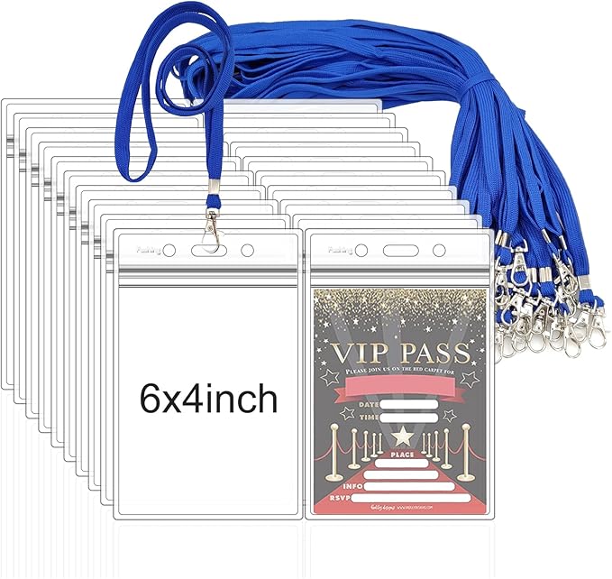 Fushing 50pcs Clear Plastic Vertical Name Tags Badge ID Card Holders and Blue Neck Lanyards with Swivel Hook for School, Festival, Event (XXL)