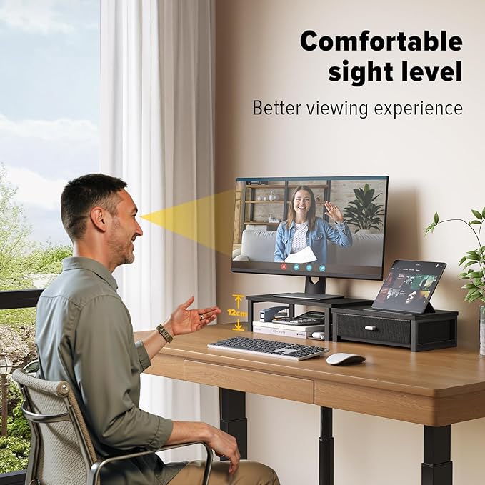 WOHOMO Dual Monitor Stand Riser with Drawers, Desk Organizers for 2 Monitors, Desktop Storage Stand for Computer,Laptop,Black