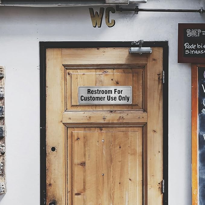 Restroom For Customer Use Only Sign Aluminum Silver 9 x 3 Inches Self-Adhesive Waterproof Metal Door Wall Sign for Business Offices 4 Pack