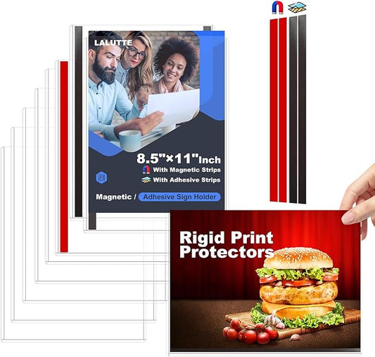 10 Pack 8.5'' x 11'' Inch Magnetic Sign Holders, Rigid Print Protectors, Paper Holder With Adhesive Tape, Plastic Document Holder For Posters Letter Paper Picture, Wall Mount Magnetic Frame for Refrigerator Window, Door, Home, Office, and Store