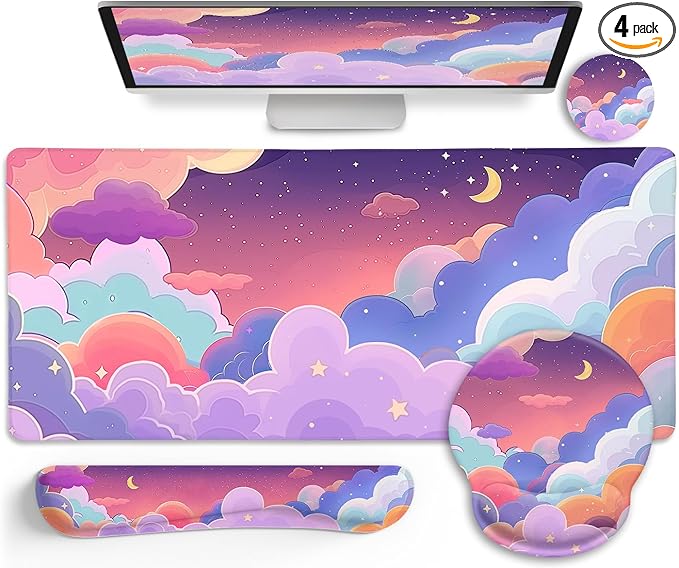 Purple Mouse Pad Large Desk Mat Set, Kawaii Clouds Ergonomic Mouse Pad with Wrist Rest Keyboard Wrist Support XXL Mousepad Cup Coaster Set, Cute Purple Office Desk Accessories Decor Supplies