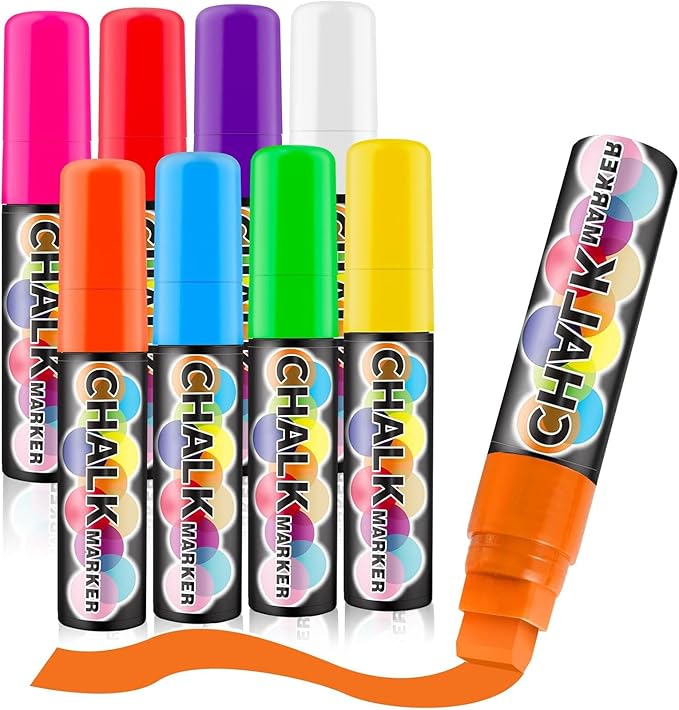 Window Chalk Markers for Cars Glass Washable, 8 Colors Jumbo Liquid Chalk Marker Pens with 15mm 3 in 1 Nib Wide Tip, Chalkboard Markers Car Window Paint Pen for Auto, Mirror, Poster, Business
