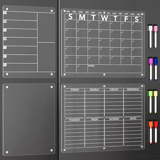 4Pcs Acrylic Magnetic Dry Erase Board Calendar for Fridge, Clear Monthly Weekly Daily Meal Menu Planner Whiteboard for Refrigerator, Notepad Memo White Board, w/ 8 Colors Markers, 15"x11"