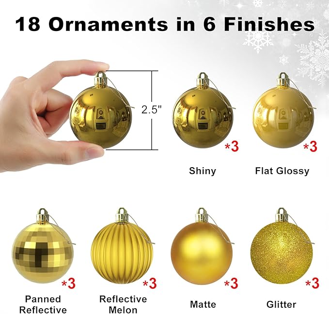 Gold 2.5" Christmas Balls Christmas Tree Decoration Ornaments Shatterproof Hanging Balls for Xmas Tree Holiday Decor Set of 18pcs