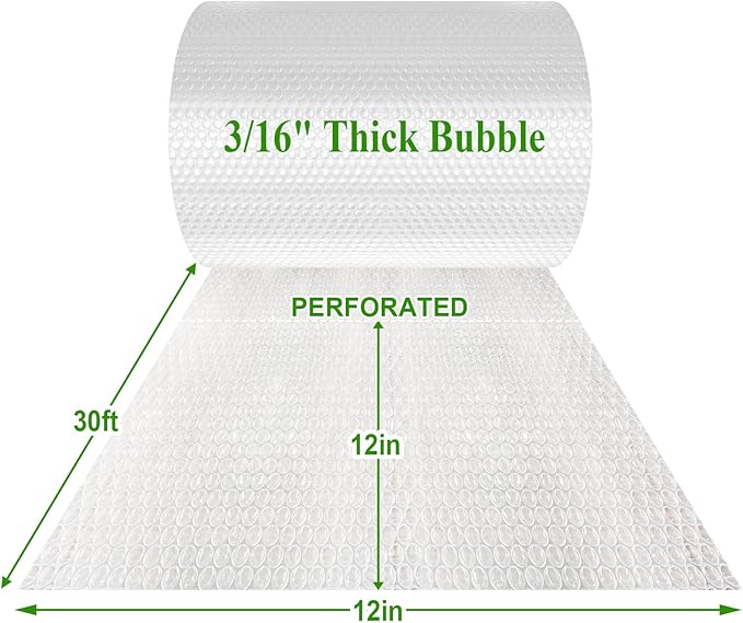 A&A Heavy-Duty Bubble Wrap Cushioning Roll – 12”x30’ Perforated Every 12”, Tear-Resistant Packing Wrap for Moving, Shipping & Storage Made in USA