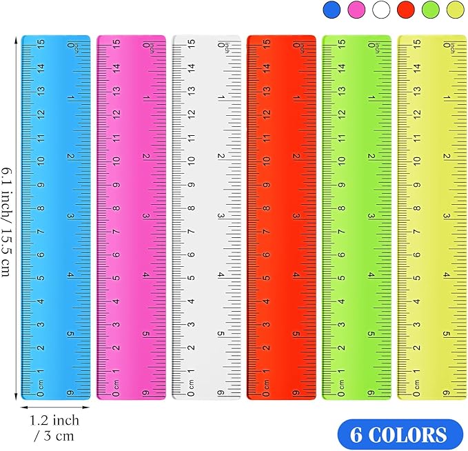 Zonon 6 Pcs 6 Inch Ruler Bulk Colorful Plastic Flexible Straight Metric Rulers with Centimeters and Inches Drafting Measuring Tool for Classroom School Students Education