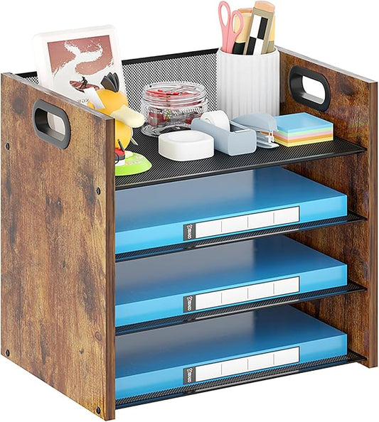 Wood Desk Organizer - 4-Tier Desktop File Organizer, Wooden Paper Organizer, Office Desk Organizer for Papers, Mail, Notebooks, Stationery