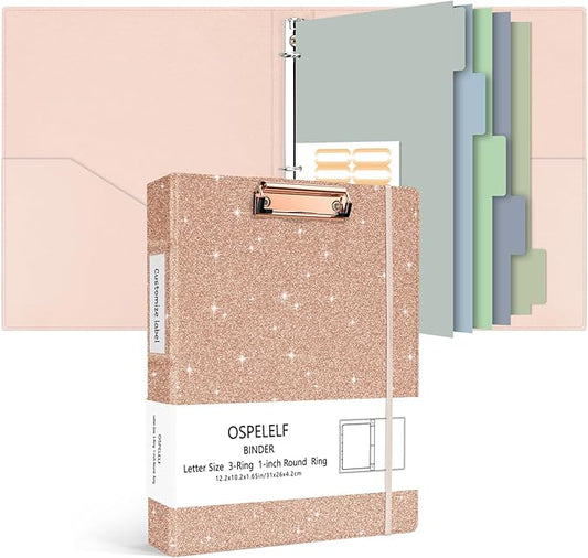 Ospelelf 3 Ring Binder 1 Inch, Vintage Leather Clipboard Binder Organizer for Letter Size (8.5" x 11"), Professional Binder Organizer Dividers with 5 Tabs, Rose Gold