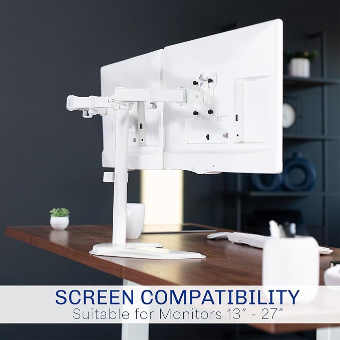VIVO Dual LED LCD Monitor Mount, Free-Standing Desk Stand for 2 Screens up to 27 Inch, Fully Adjustable Arms with Max VESA 100x100mm, Extra Large Base, White, STAND-V002FW