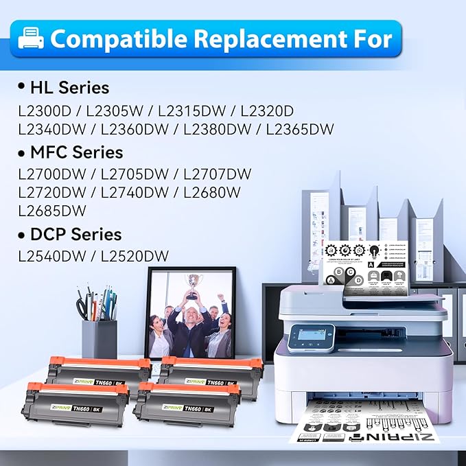 ZIPRINT 4-Pack TN660 Toner Cartridge Compatible with Brother Printer, TN-660 TN630 High Yield for HL-L2300D HL-L2305W HL-L2320D HL-L2360DW HL-L2380DW DCP-L2540DW DCP-L2520DW MFC-L2700DW MFC-L2740DW