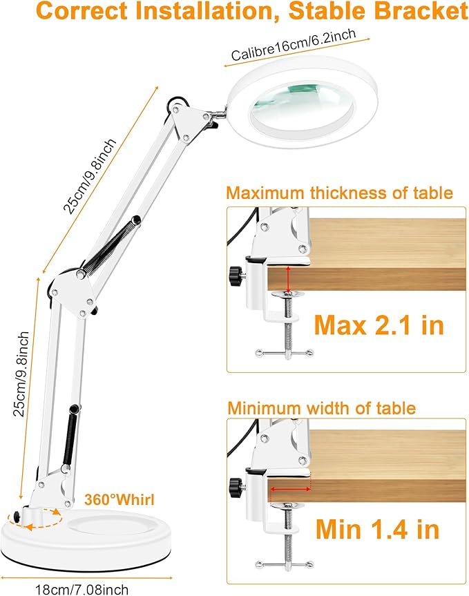 10X Magnifying Glass with Light and Stand, 2-in-1 LED Magnifier Desk Lamp, 3 Color Modes 10 Level Dimmable, Hands-Free Lighted Magnifier for Craft Repair Nail Reading Close Works (White, Base)