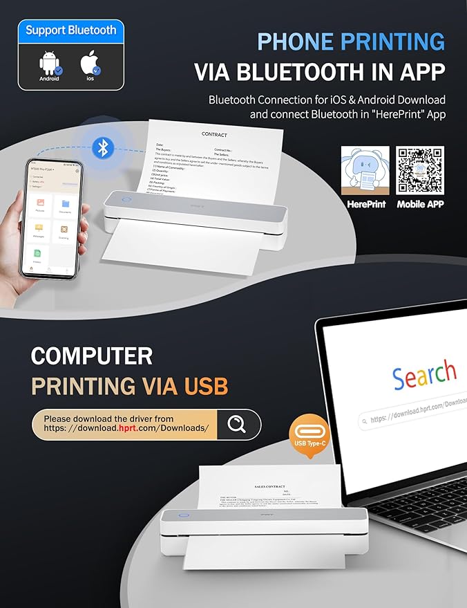 PRT Portable Printer Wireless for Travel, Inkless Bluetooth Small Mobile Thermal Printer, Support 8.5" X 11", A4, Compatible with iOS, Android, Laptop for Home Use, Office & Vehicles, 300 DPI, White