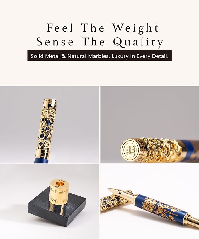 Executive Rollerball Pen Sets With Stand - Museum Art Collections - Crafting Timeless Beauty - Luxury Pen Gift & Office Desk Decor, German SCHMIDT refill, Solid Metal & Marble Texture