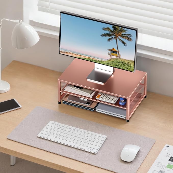 Computer Monitor Stand Riser, Desk Organizers and Accessories, Printer & Laptop Stand, Office Desk Accessories & Desktop Workspace Organizers for Office Supplies (Rose Gold)