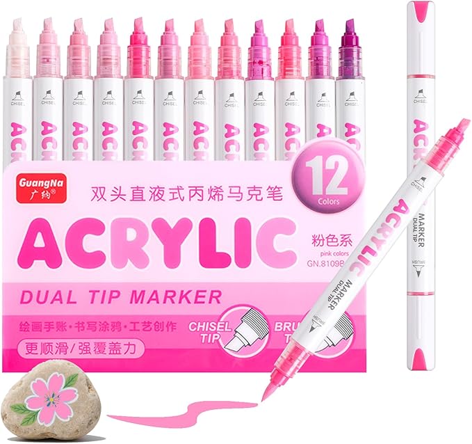 kander 12 Colors Dual Tip Acrylic Paint Markers,Pink Color— Extra Fine & Soft Brush Pen Set with Direct Ink Flow for Sketching, Detailing, Coloring on Wood, Canvas, Rock, Glass, DIY Crafts