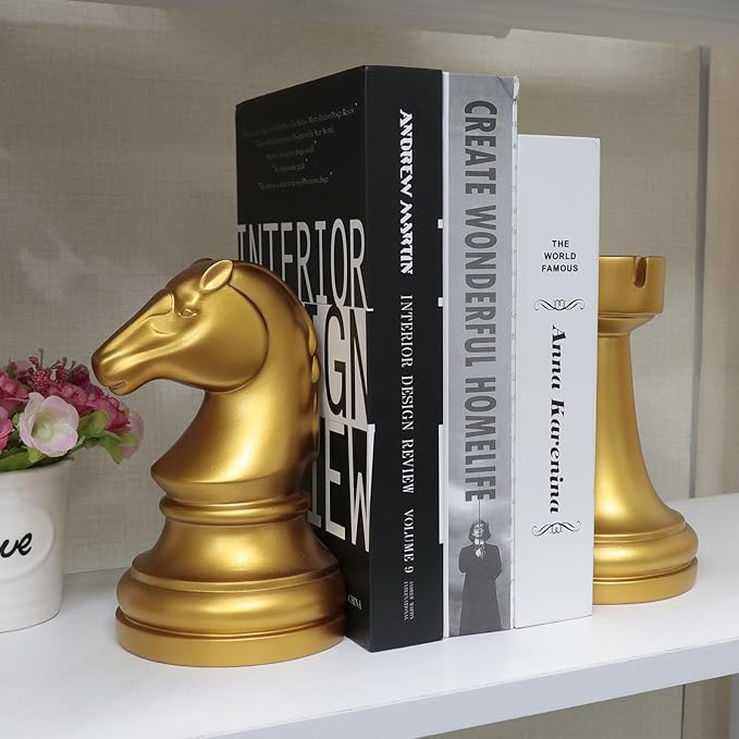 Chess Bookends, Office Decorative Bookends for Shelves, Heavy Bookends Book Stoppers Book Holders for Desk Decoration, 7x7x4 inches, Black,1Pair/2Piece