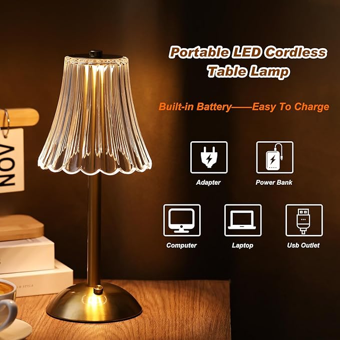 Liliful 4 Pcs LED Portable Cordless Table Lamp Touch Battery Operated Rechargeable Gold Desk Lamp 3 Color Dimmable for Bedroom Living Room Dining (Gold,Rose Style)