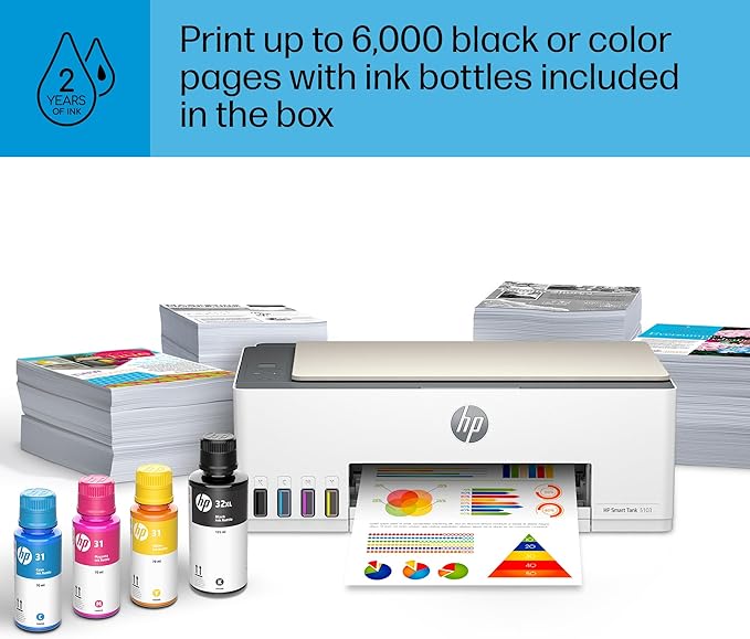 HP Smart Tank 5103 Wireless All-in-One Refillable Ink Tank Printer, Scanner, Copier with 2 Years of Ink and 100 Sheets of Photo Paper Included, Best for Home (5D1B2A)