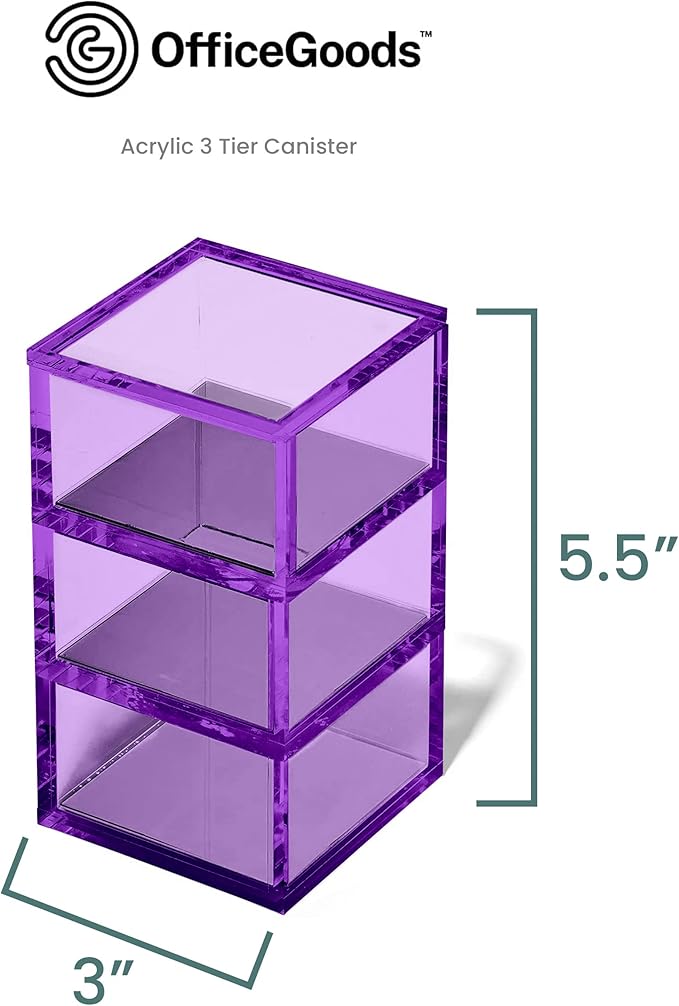 OfficeGoods 3-Tier Stackable Acrylic Holder- Stylish Desk Organizer and Storage for Office or Home – Transparent Square Design, Purple with Silver Metal Base