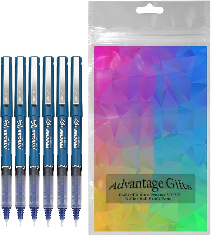 Precise V5/V7 Stick Rolling Ball Pens, Fine and Extra Fine Point, Assorted Points Blue Ink, 6-pk; Bundle with Plastic Reusable Pouch