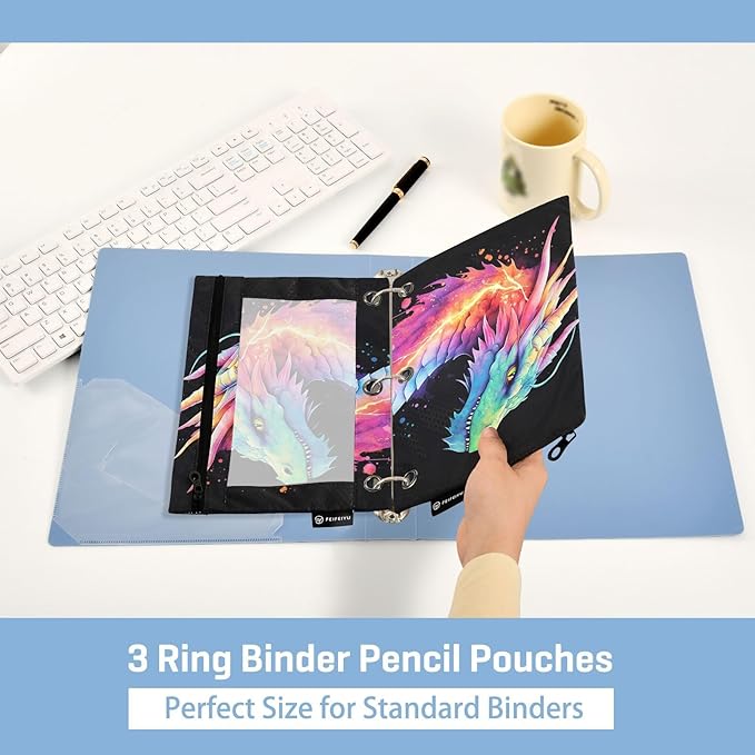 Lightning Dragon Watercolor Pencil Pouch for 3 Ring Binder, 2 Pack Waterproof Pencil Bags Clear Window Zipper School Office Supplies