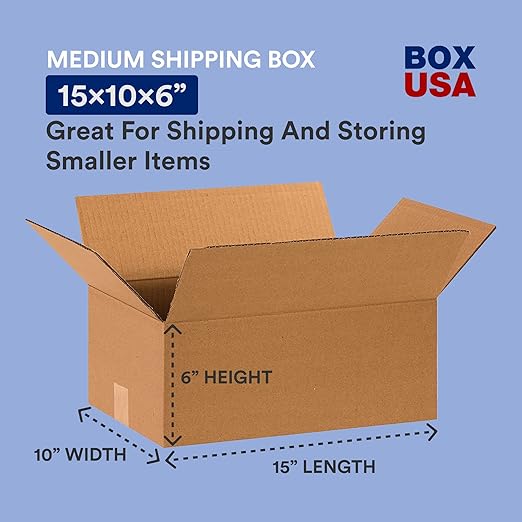BOX USA 15 x 10 x 6 Corrugated Cardboard Boxes, Medium 15"L x 10"W x 6"H, Pack of 25 | Shipping, Packaging, Moving, Storage Box for Home or Business, Strong Wholesale Bulk Boxes
