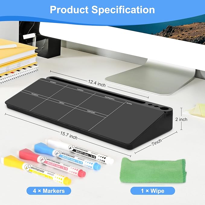 Desktop Glass Whiteboard with Storage, Weekly Calendar Desk Dry Erase White Board, Desk Organizers and Accessories, Weekly Planner Board for List, Planning, Memo, Note, Office, Home, College, School