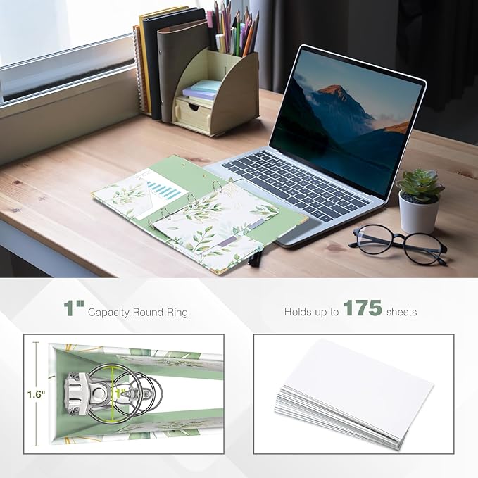 Ospelelf Mini Binder 3 Ring 1 Inch, Green Floral Round Ring Clipboard Binder with 5 Tab Dividers, for School and Office Supplies, Greenleaf