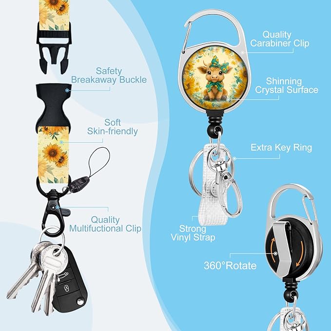 Gctriki Highland Cow Lanyards for ID Badges, Sunflower Cow id Holder with Lanyard, Cute Retractable Badge Reel Clip Keychain Name Tag Protector for Women Nurse Teacher Student Workers Office Gifts