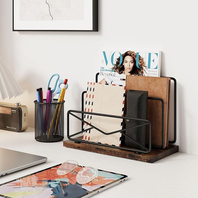 Desk Mail Organizer-with 2 Slot Matte Black Metal Desktop Mail Sorter Metal Storage File Holder Letter Sorter Organizer for Home or Office Desktop