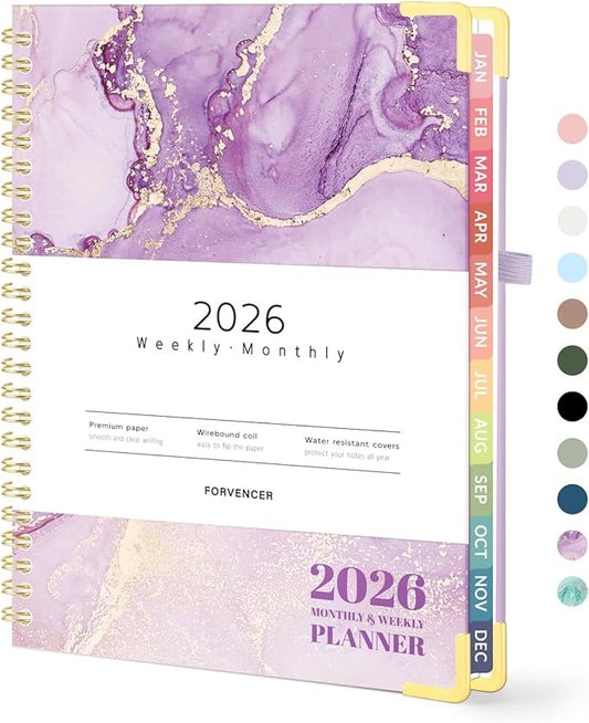 Forvencer 2026 Planner, Hardcover Calendar Planner Weekly and Monthly, January 2026 - December 2026, 6" x 8", Spiral Agenda Book with Tabs, Exquisite Daily Journal with Inner Pocket, Organizer Notebook for Office Home School, A5 Size, Purple Marble