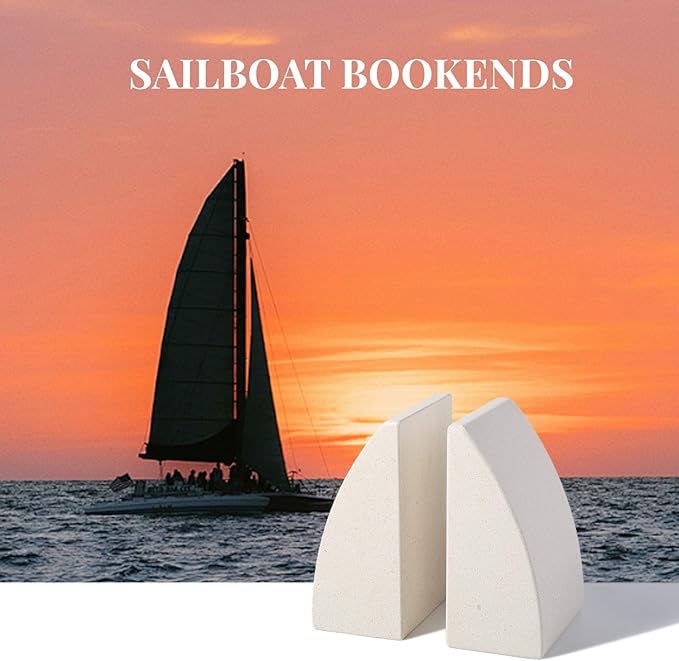 Koville Marble Bookends for Shelves, Large Bookends for Heavy Books, Natural Stone Book Stopper for Books CD Movies, Aesthetic Decorative Book Ends (Sail-Beige)