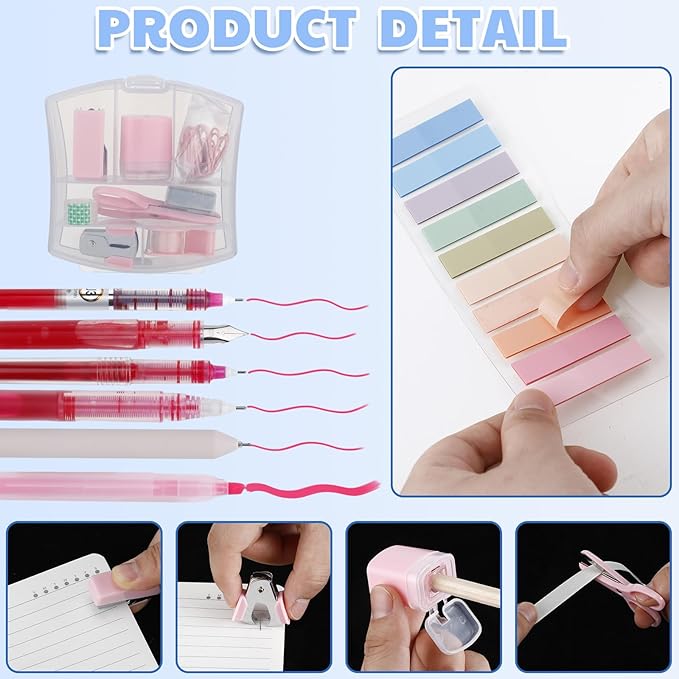 Colarr Mini Office Supply Kit Includes Stapler Tape Dispenser Staple Remover Paper Clips Scissor Staples Pen Sharpener Note Small Telescopic Knife for Office and School Clerk Student (Pink)