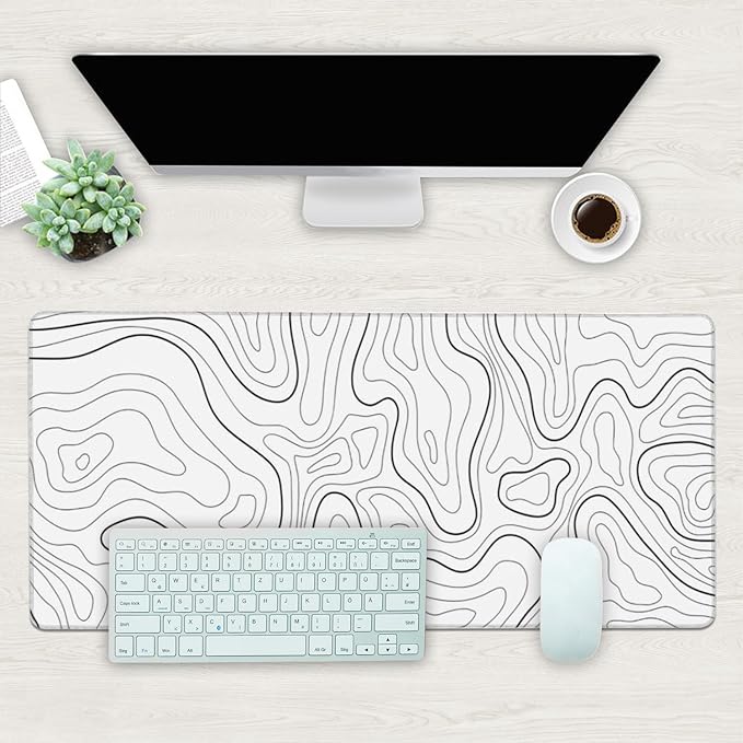 Desk Mat, White Topographic Contour Map Extended Gaming Mouse Pad Large, 35.4"x15.7" Big Mouse Pad with Non-Slip Base and Stitched Edge, Long Computer Keyboard Mouse Mat for Home Office Work