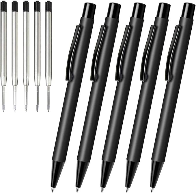 Cambond Ballpoint Pens Black Pens - Metal Pen Retractable Ink Pens for Journaling Business Police Men Flight Attendant 1.0mm Medium Point Smooth Writing, 5 Pen with 5 Refills (Black)