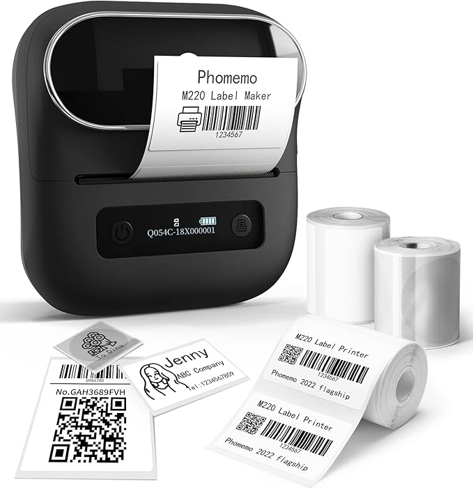Phomemo M220 Label Maker, Bluetooth Printer, 3.14 Inch Portable Thermal Label Maker Machine for Barcode, Labeling, Organizing, Small Business, Compatible with iOS & Android, with 3 Label
