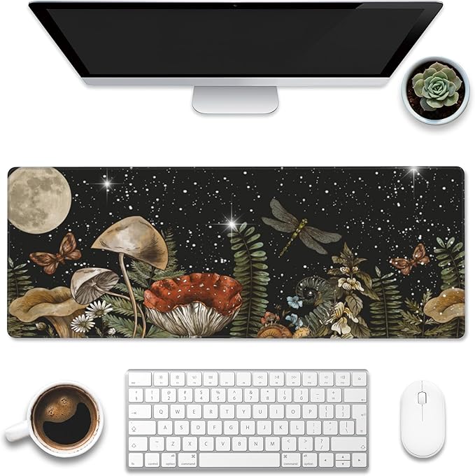 Large Gaming Mouse Pad for Desk,Cute Forest Mushroom Desk Mat,Starry Night Mushroom Desk Pad,Extended Big Computer Keyboard Mouse Pad with Non-Slip Base and Stitched Edge,31.5"x11.8"