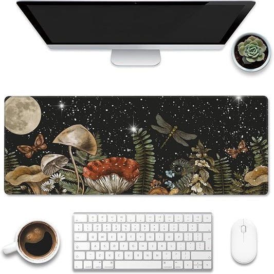 Large Gaming Mouse Pad for Desk,Cute Forest Mushroom Desk Mat,Starry Night Mushroom Desk Pad,Extended Big Computer Keyboard Mouse Pad with Non-Slip Base and Stitched Edge,31.5"x11.8"
