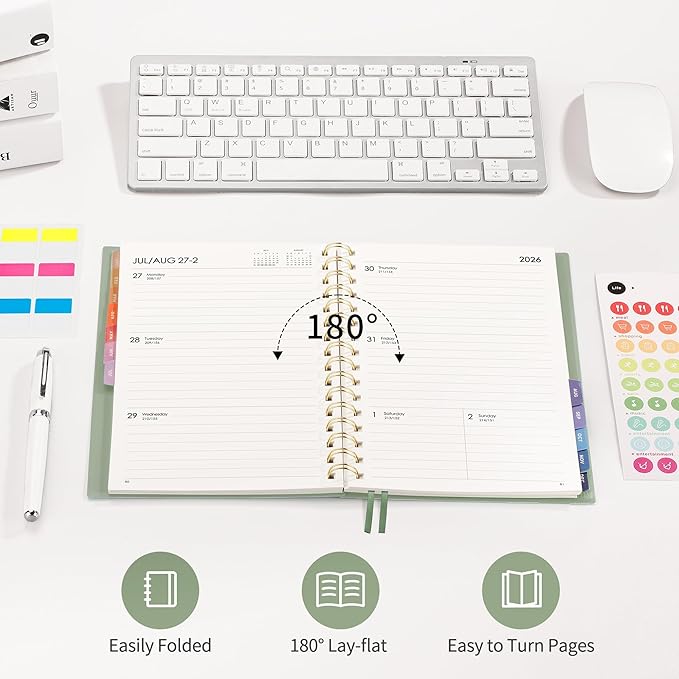 RETTACY 2026 Planner, Weekly and Monthly, Medium Size (5.7" x 8.3"), Jan - Dec 2026, Agenda, Calendar, 12 Month Tabs, Flexible Plastic Cover, 100 GSM Thick Paper, Spiral-bound (Light Green)
