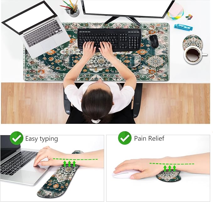 AIMSA Desk Mat Set, Large Mouse Pad + Mouse Wrist Rest + Keyboard Wrist Support + Coaster, 4in1 Rug Gaming Mouse Pad Combo for Home Office, Retro Boho Art
