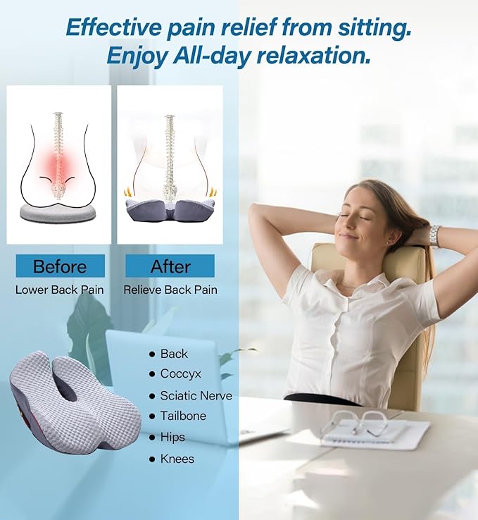 Seat Cushion for Tailbone Pain Relief X-Large ,Ergonomic Office Chair Cushions for Butt Hip Lower Back & Sciatica Pain Relief Pillow,Pressure Relief Seat Cushion for Long Sitting, Car & Plane（Blue)