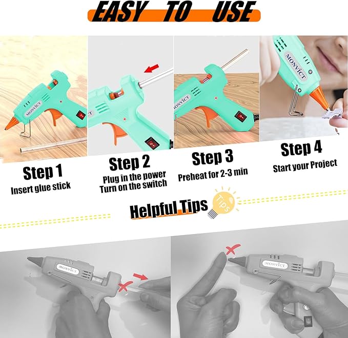MONVICT Hot Glue Gun Kit, Mini Glue Gun with Carrying Case,20 Pcs Premium Glue Sticks, 10 Pcs Wood Craft sticks, Fast Preheating Hot Melt Glue Gun for School Crafts DIY Arts Gift (Cyan, 30Watts)