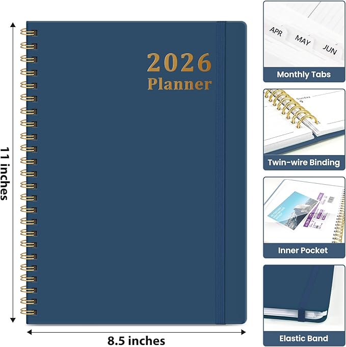 2026 Planner, Weekly and Monthly Calendar Planner, January 2026 - December 2026, Hardcover 2026 Calendar Planner Book with Tabs For Women & Men, Inner Pocket, Spiral Bound, Perfect for Office Home School Supplies - A4 (8.5" x 11"), Navy