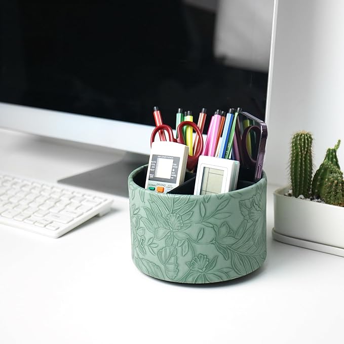 Hennaja Round Leather Art Supply Organizer,Remote Control Holder,360 Degree Spinning,Multi-Functional Pencil Holder,4 Compartments Desktop Stationary Organizer(1-Carved Dark Green)