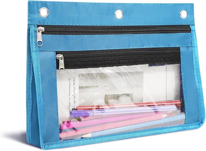 YoeeJob 1 Pack Pencil Pouch for 3 Ring Binder, Expandable Binder Pouches with Zipper, Large Capacity Pen Holder Case with Clear Window School Class Office Organizers, Sky Blue